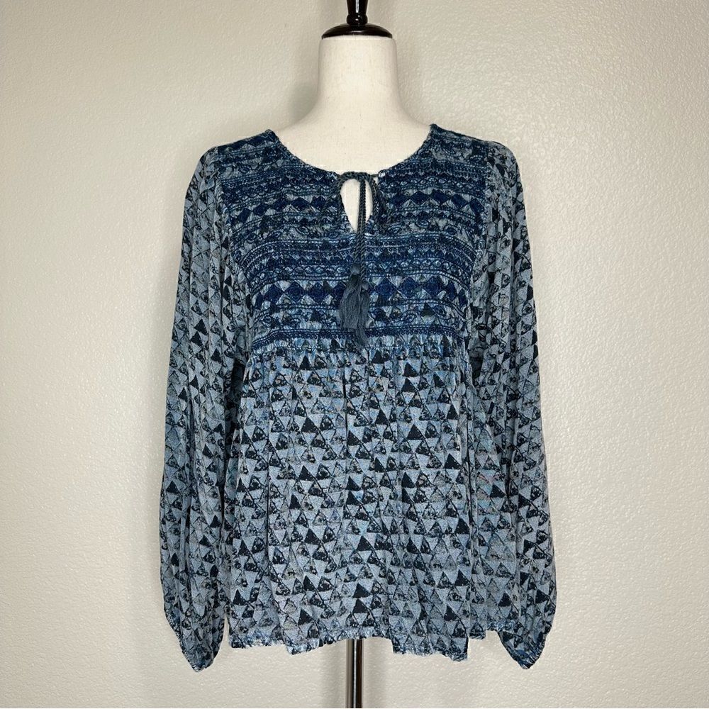 Sigrid Olsen Boho Embroidered Tasseled Neck Peasant Top